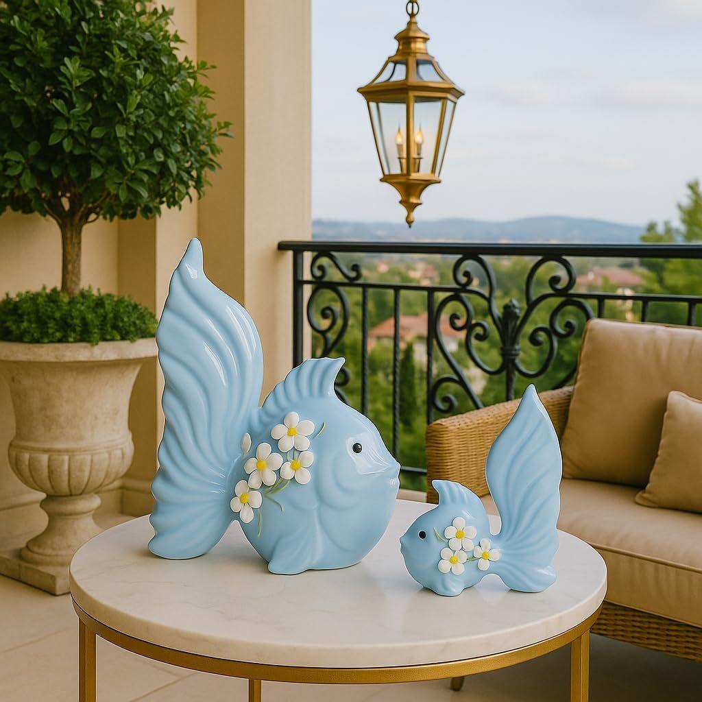 Modern Minimalist Sky Love Fish Art Figures | Beautiful Home Decor- (Set of 2 pc, Sky)