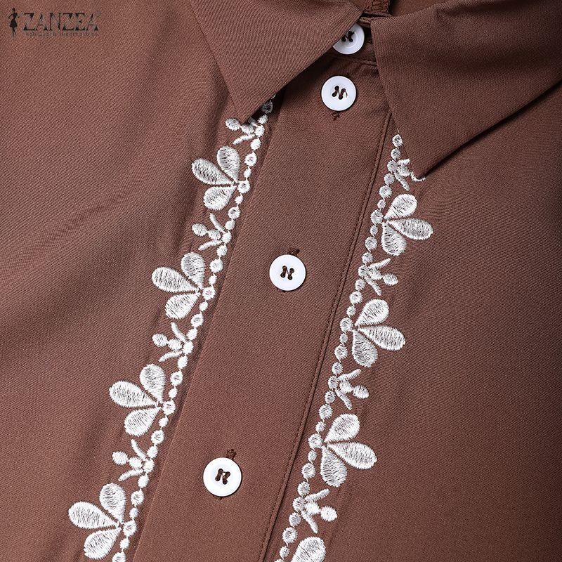 ZANZEA Women Casual Turn Down Collar Loose Floral Embroidery Long Sleeve Dress