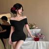 Nightclub Vneck sexy oneword shoulder shortsleeved dress tight body pure desire backless club foot massage hip wrap skirt