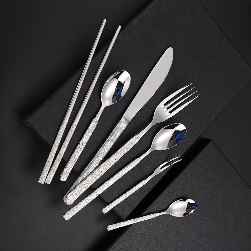 Stainless Steel Hammer Pattern Tableware for Restaurant and Home, High-End Knife, Fork, Spoon, Kitchen Utensils Set, 304, 7Pcs