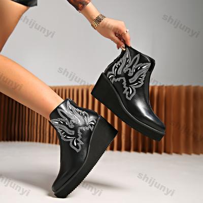Women Embroidered Platform Pu Leather Punk Ankle Boots Autumn Winter New Fashion Chunky Wedges Boots Woman Slip On Gothic Shoes