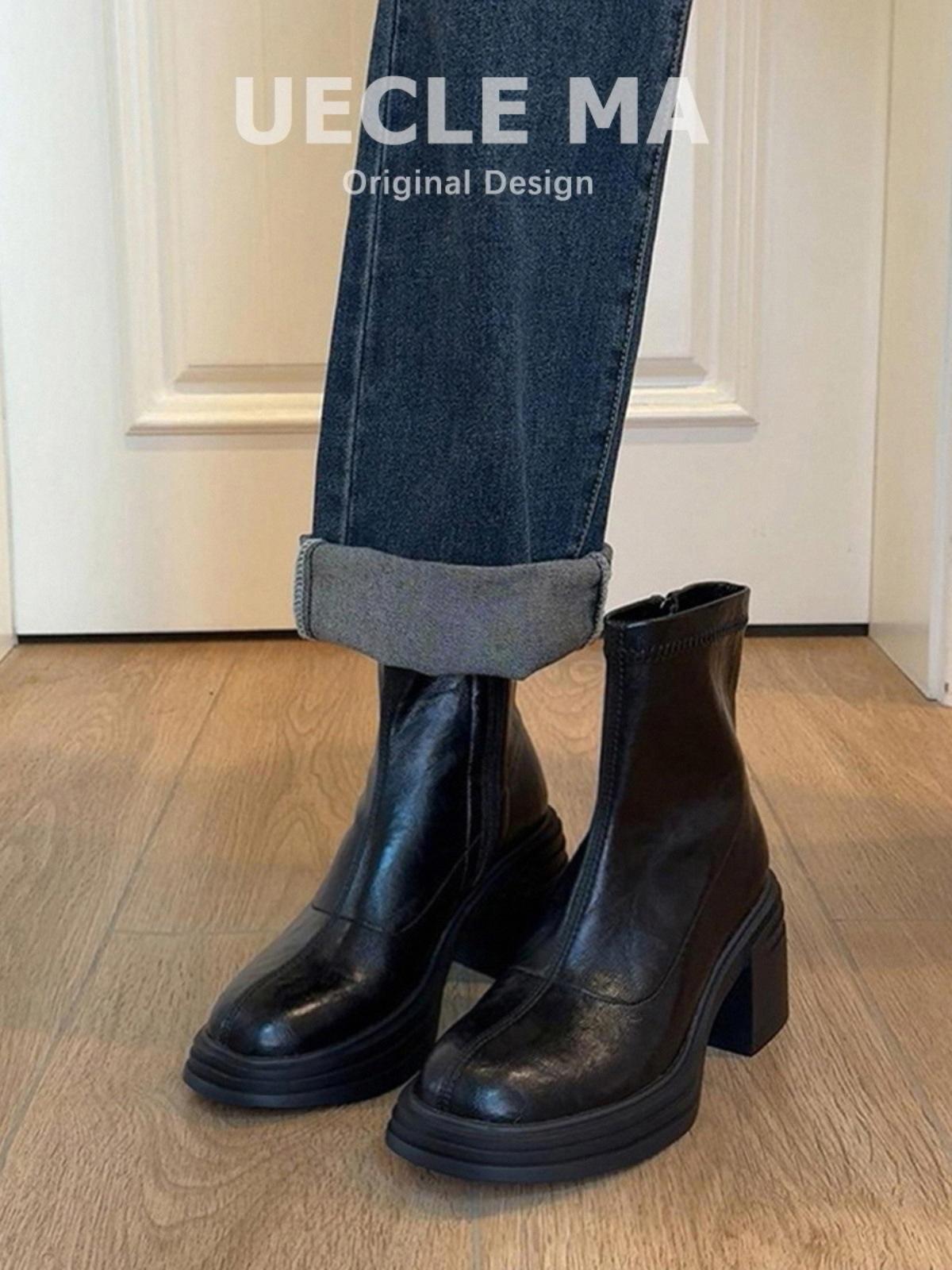 

Soft leather version~ retro thick-soled heightening Martin boots women s elastic thin boots British style simple commuting short boots 35