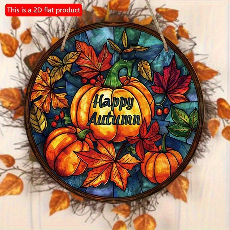 2d Flat 20*20cm, Autumn Decoration, Hello Autumn, Autumn Harvest Maple Leaves Pumpkin Wooden Circular Logo, for Home, Cafe, Bedroom, Office Wall Decor