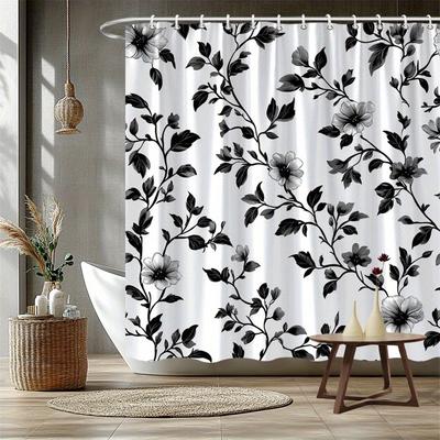 1pc Black and White Floral Patterned Shower Curtain, Polyester Fabric, Machine Washable, Suitable for Bathroom Décor.