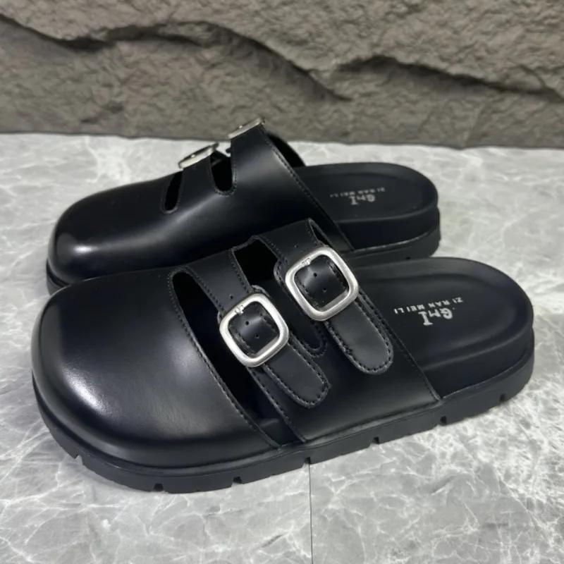 Fashion 2025 Summer New Covered Toe Slip-On Sandals Women Fashion Belt Buckle Minimalist Casual Comfortable Outdoor Flat Slipperszapatos
