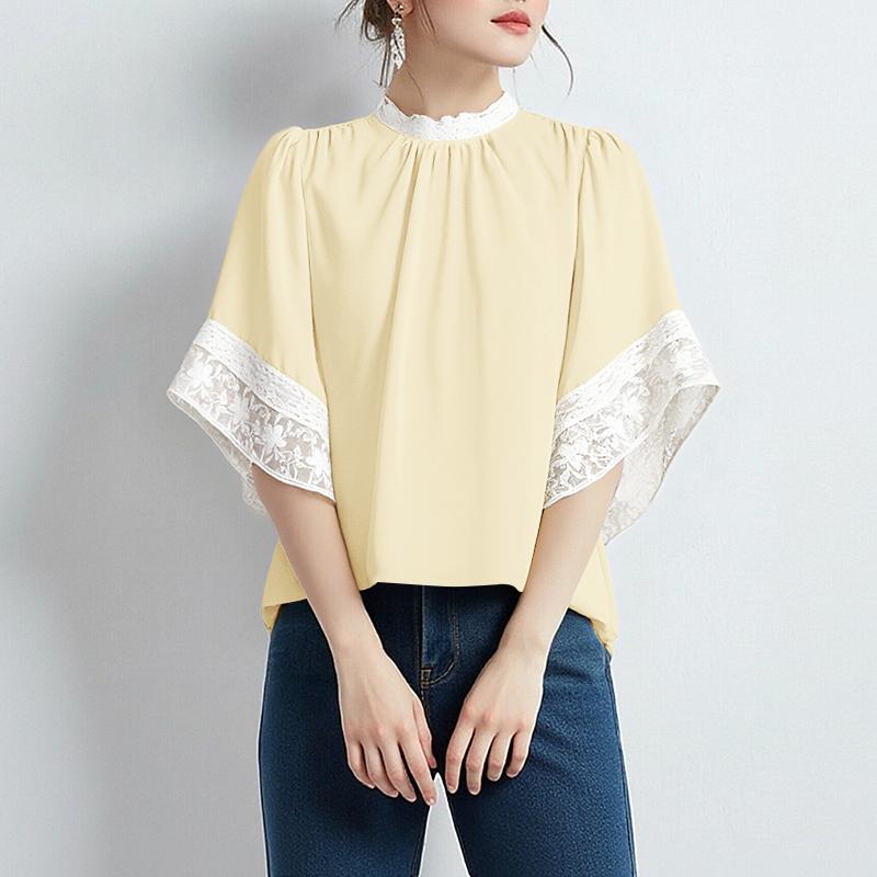 ZANZEA Women Casual Round Neck Lace Splice 3/4 Sleeve Loose Blouse