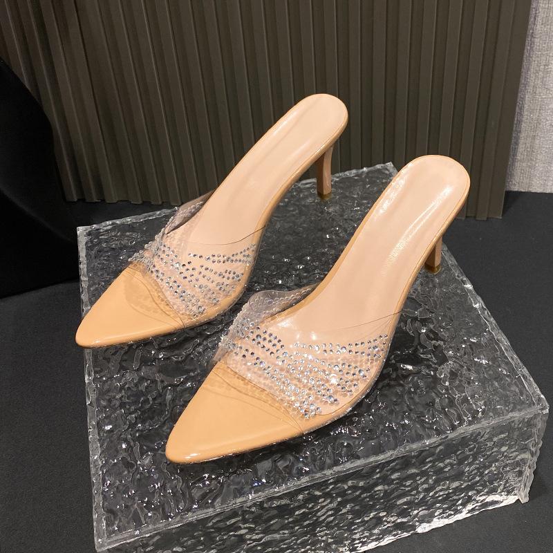 Transparent rhinestone thin heel sandals 2025 new large size European and American spring and summer new solid color pointed high heel slippers women