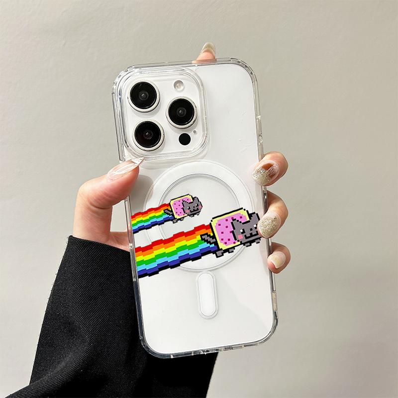 

Rainbow Cat Wireless Charging Case for iPhone 17 Air 16 E 15 14 13 12 Mini 11 Pro Max Dustproof Transparent Silicone Edge Cover iPhone 14 Pro