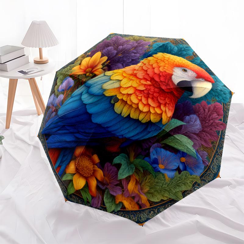 Flower Bird  Pattern, Automatic Folding Umbrella, Portable and Foldable Design, 8 Ribs, a Christmas or Birthday Gift.