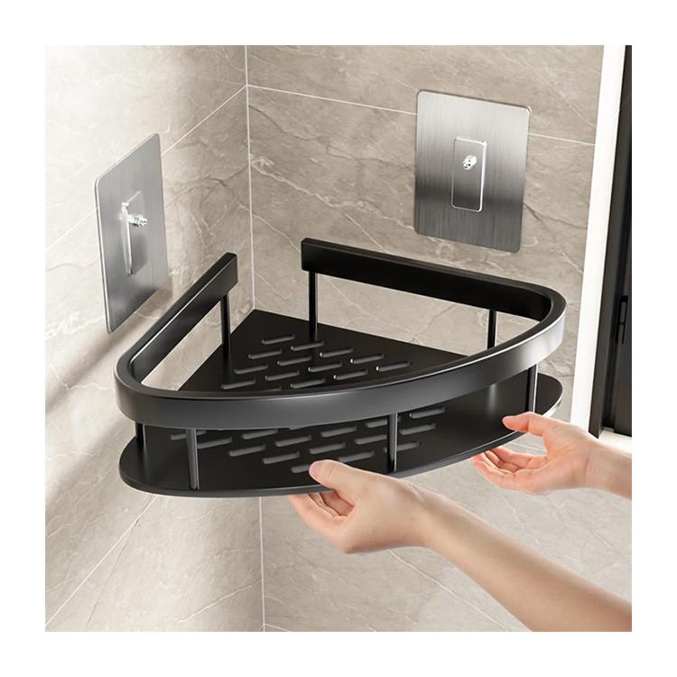 ZHIYAN Modern Eco-Friendly No Drill Wall-Mounted Black Stainless Steel Single Tier Shower Caddy Corner Suction Bathroom Shelf