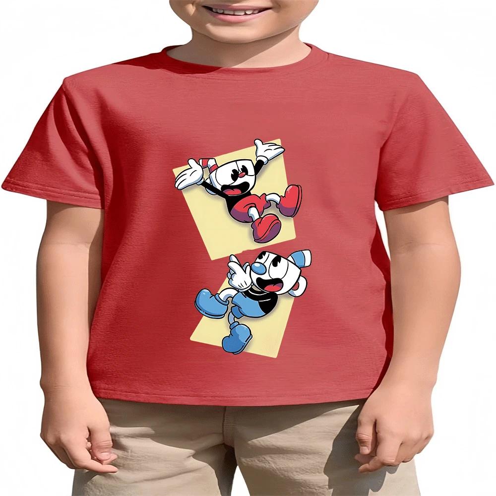 2026 Hot Sale Boys Girls Kids Cuphead Cotton T-Shirt Summer Fashion Cartoon Print 2-14Y