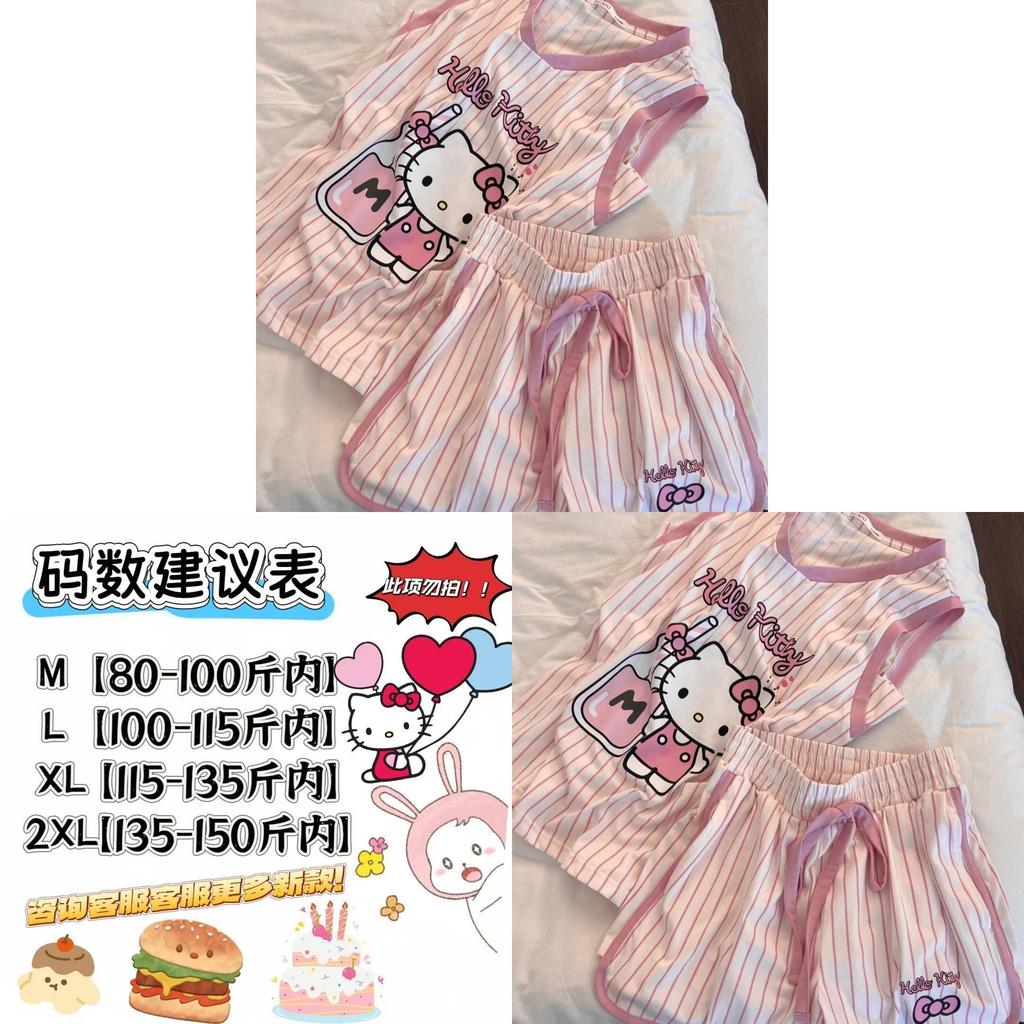 Hello Kitty Pajama Set For Girls With Striped Cotton Sleeveless Shorts Home Wear