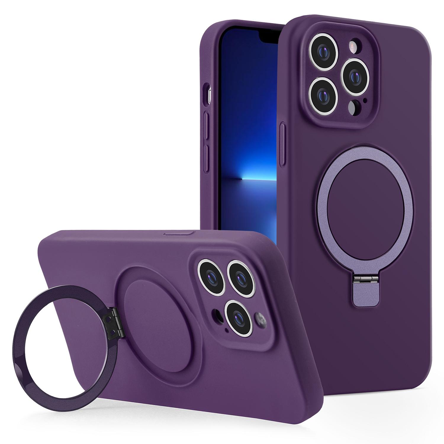 

For iPhone 13 Pro Max Case Magnetic Kickstand Flexible Liquid Silicone Phone Cover Plum