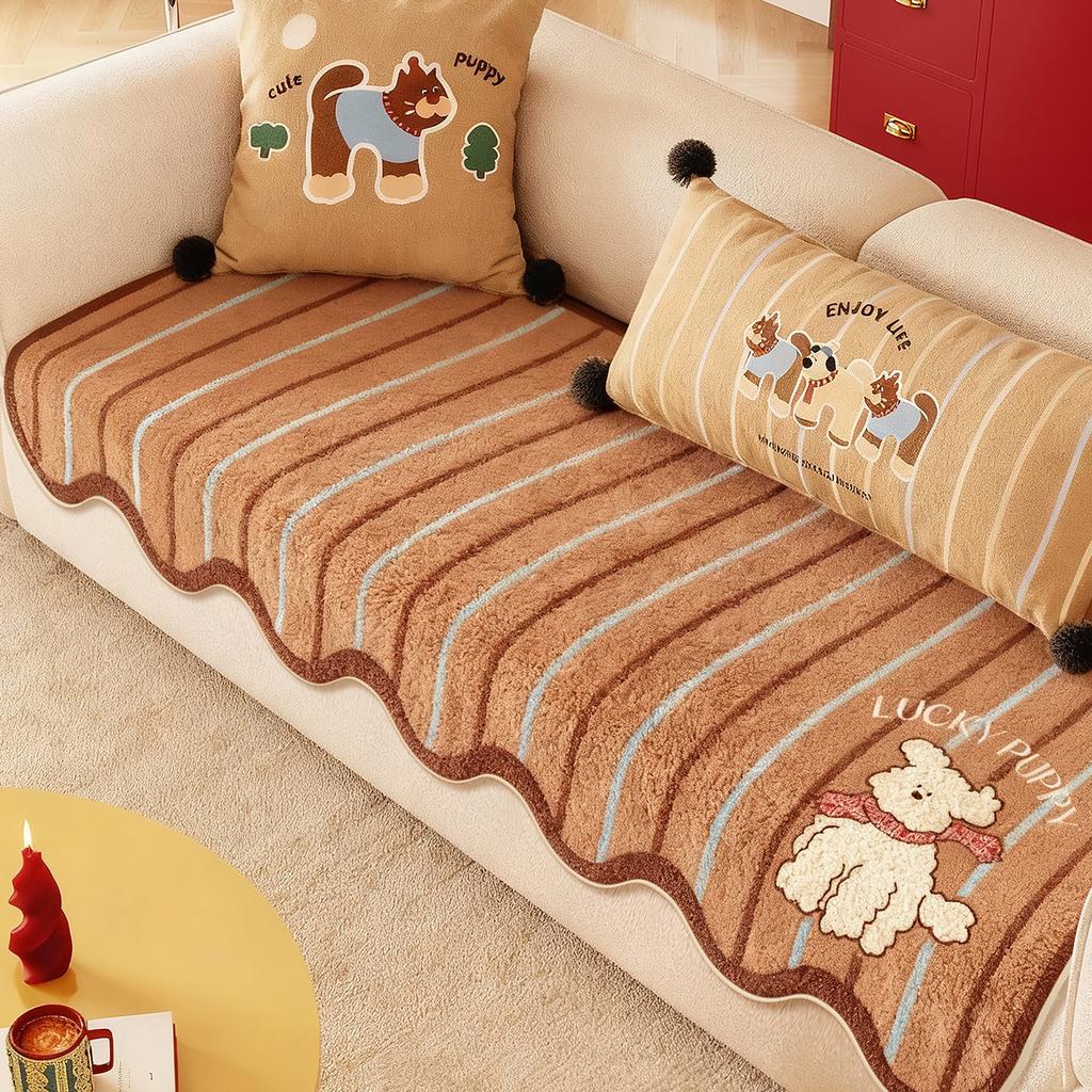 One-Piece Model Cute Cartoon Style Plush Sofa Cover  New Fixed Anti Slip Anti Cat Scratch Straight Row Sofa Cover Cushion