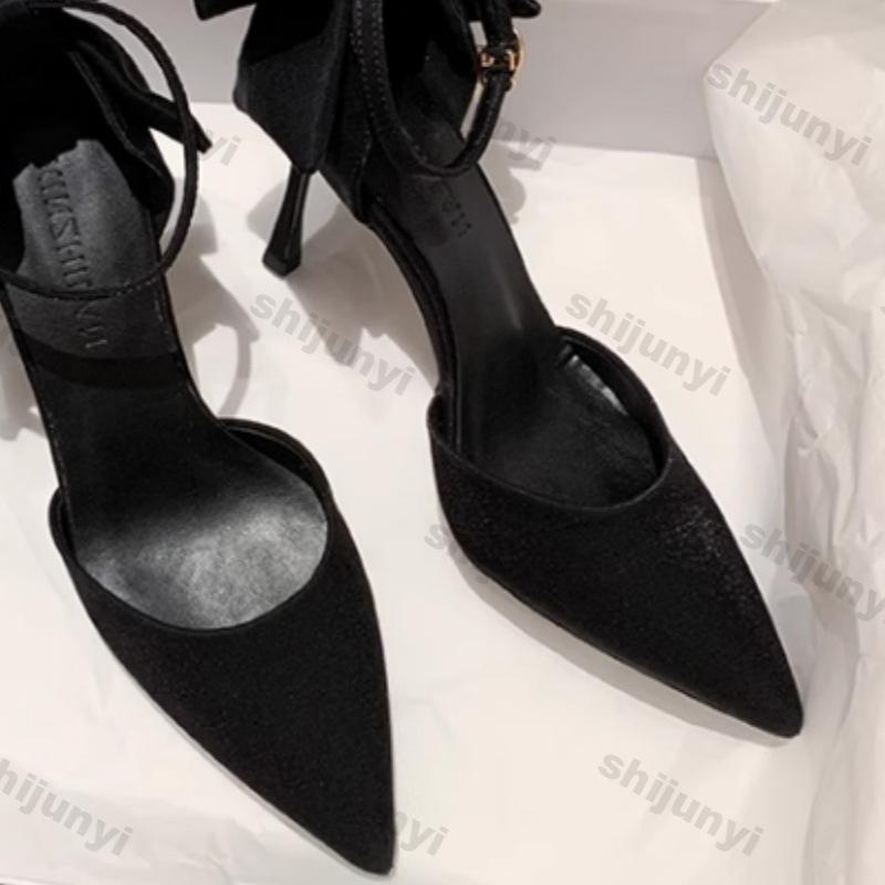 Fashion Women Elegant Nude High Heels Pumps Shallow Mouth Slip on Stiletto High Heel Shoes Woman Sexy Bows Point Toe Party Banquet Shoes
