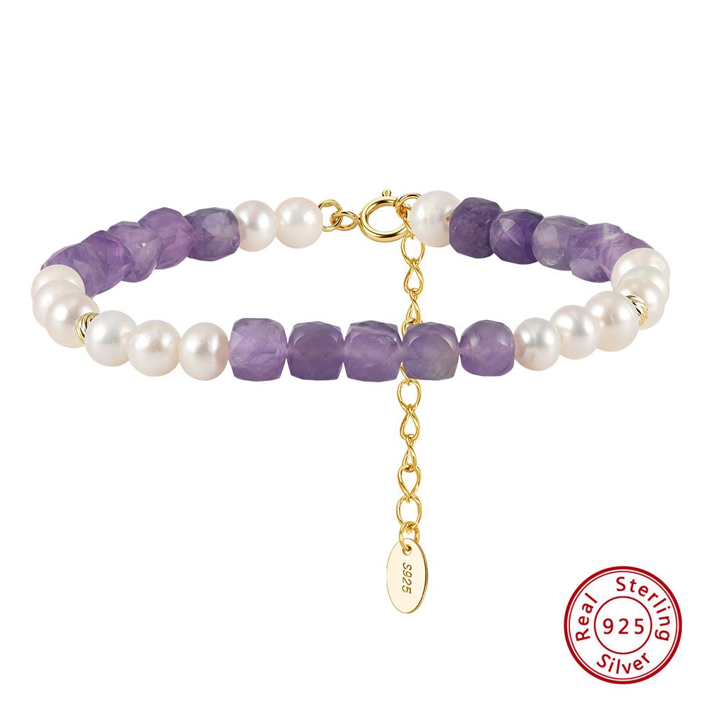 Effie Queen Purple Amethyst & White Freshwater Pearl Beaded Bracelet 925 Pure Silver Natural Amethyst Crystal Chain Hand MPB17