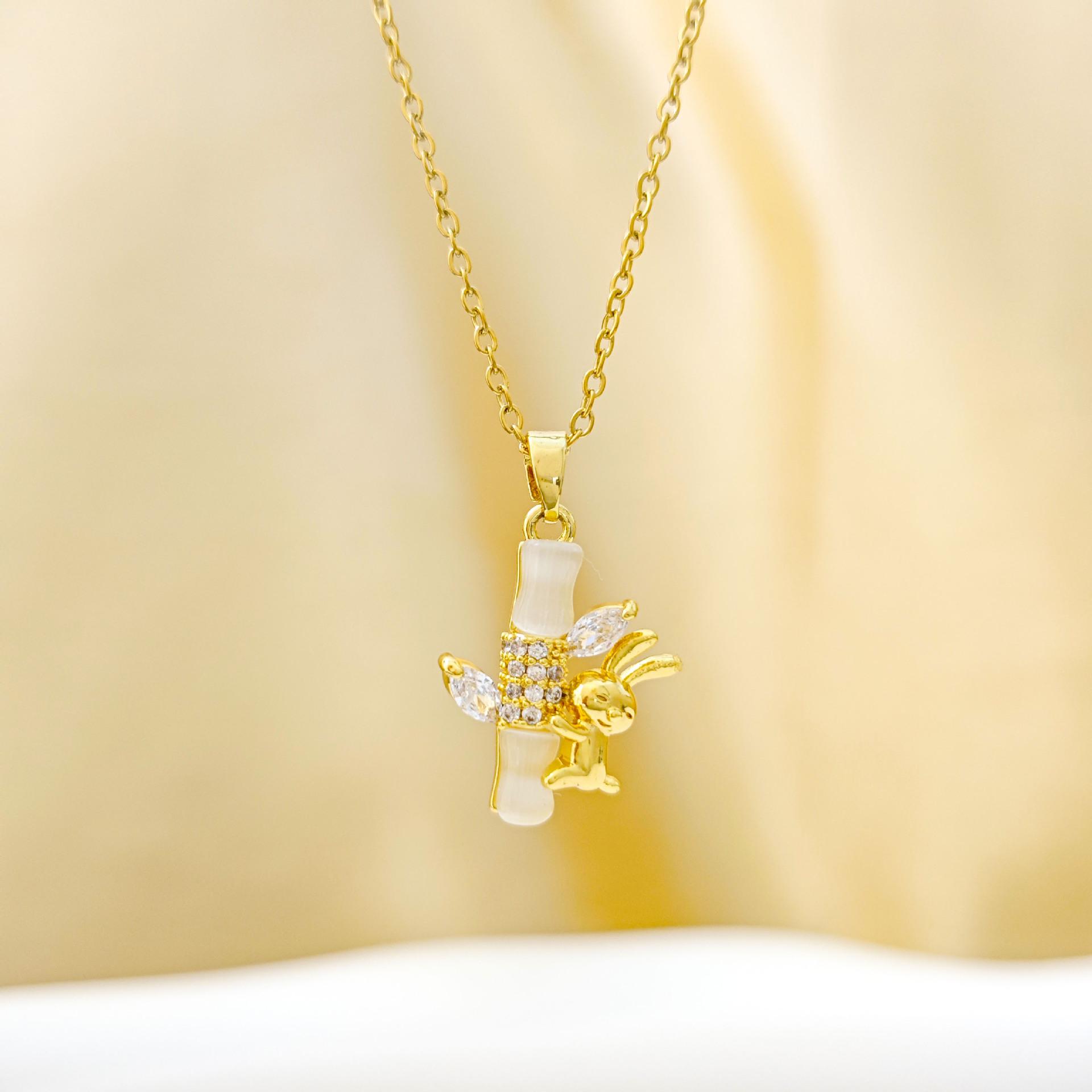 Retro Little Rabbit Zirconium Bamboo Titanium Steel Necklace for Women