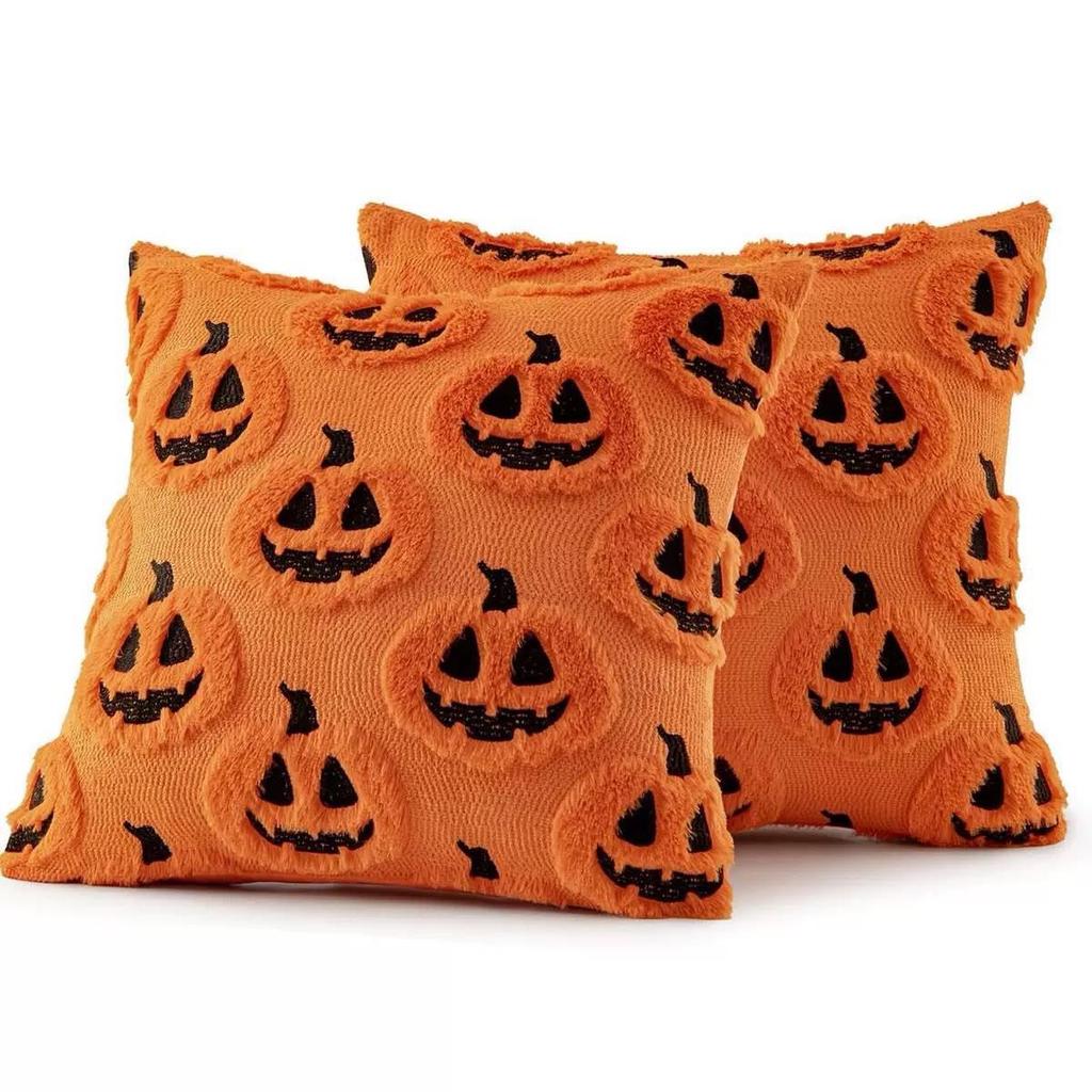 Pumpkin Ghost Pillow Cover Halloween Fun Plush Pillowcase Washable Square Orange Pumpkin Lantern Pillow Protective Covers