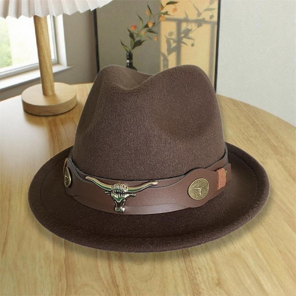 Bull Head Decor Fedora Hat Unisex Wide Brim Hat Vintage Western Cowboy Hat Outdoor Travel
