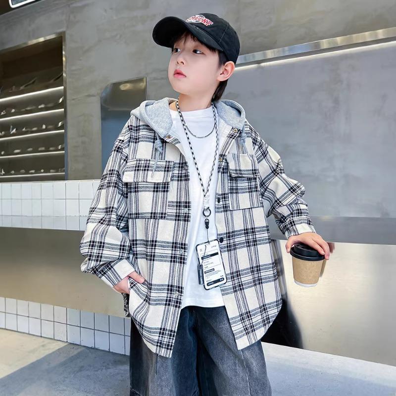 Boys Long Sleeve Hooded Plaid Shirt Kids Casual Autumn Spring