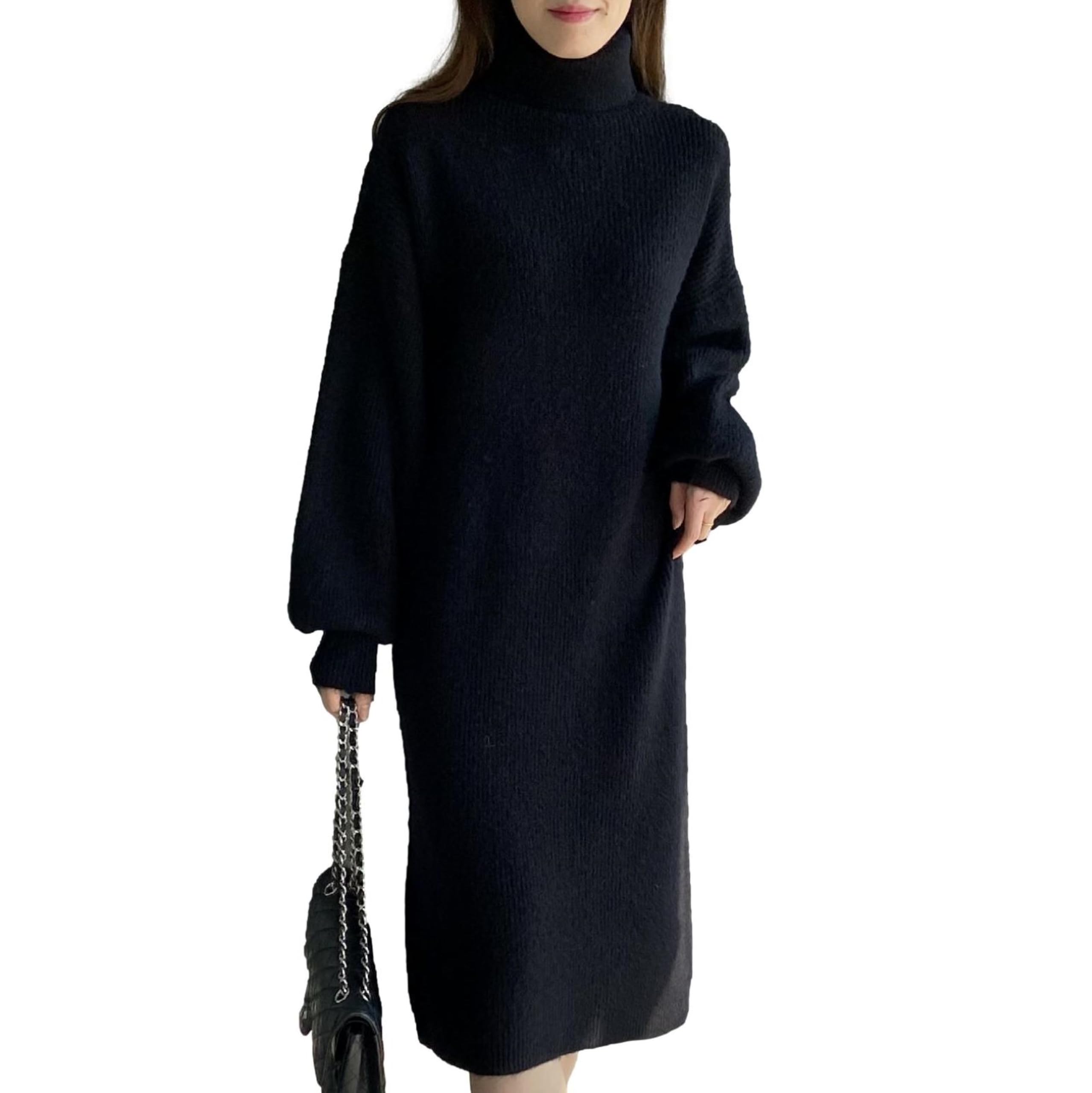 

J-Scott Women s Knit Turtleneck Dress with Drop Shoulders, Voluminous Sleeves, and Midi Length, Black, JS116-BK-L