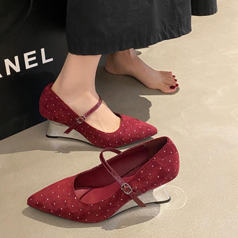 Women's Slope Heel Shoes Spring New Pointed Head Suede Rhinestones with Anti-slip Wear-resistant High Heels