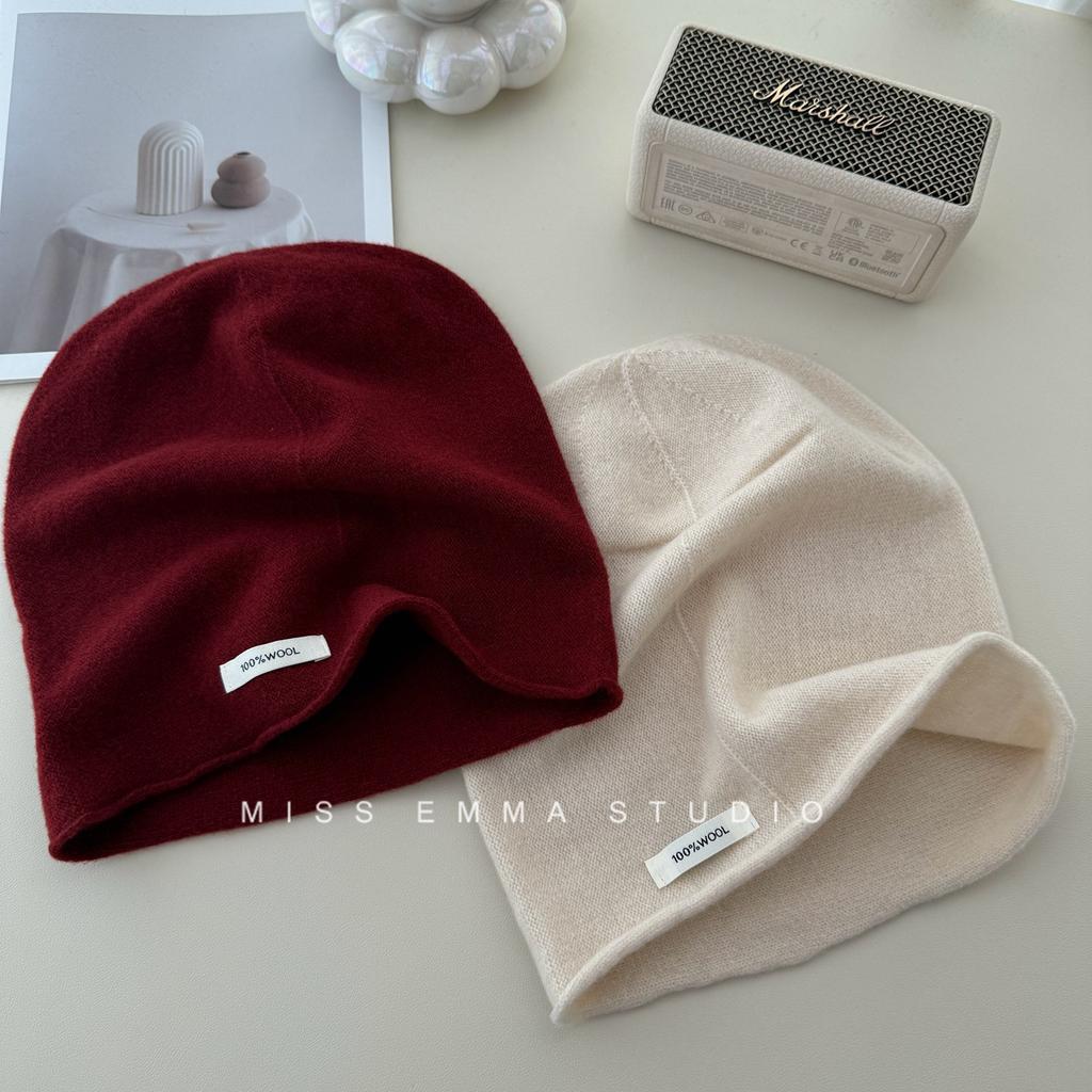 Pure Wool Pile Cap A Versatile Solid Color Knitted Cap for Women A Warm and Ear Protecting Postpartum Cap