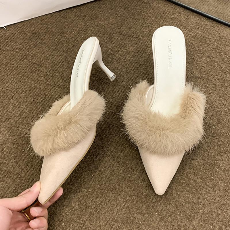 Fur Women High Heels Slippers Pointed Toe Slingback Mules Shoes Sexy Pumps 2025 Winter Designer Luxury Botines Mujeres