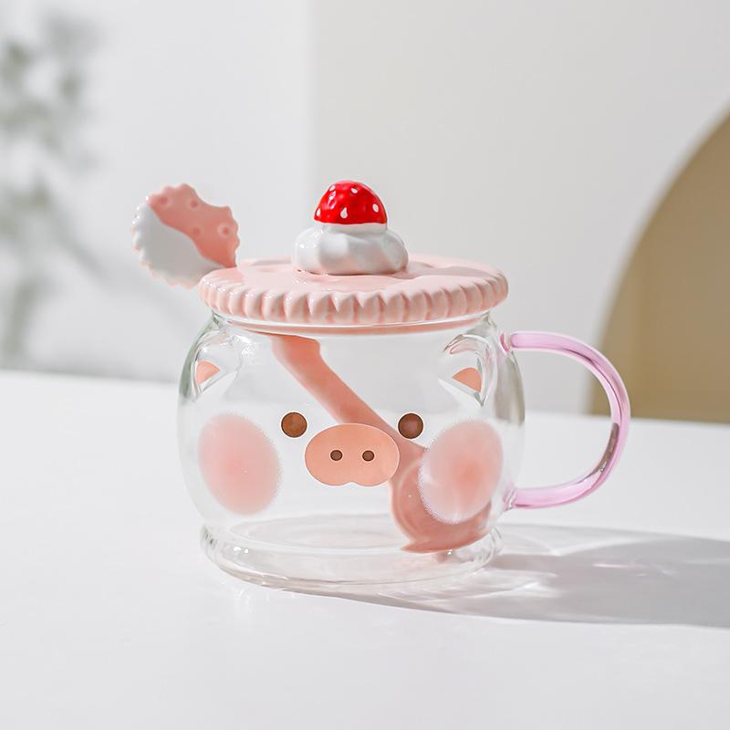 Creative Cute High Borosilicate Glass Mug Pink Girl Heart Gift Water Cup with Lid Spoon Pig Cat Cup