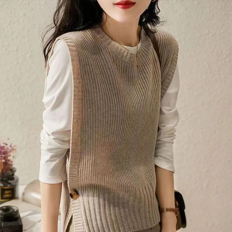 

Жилет для женщин Трикотажный свободный майка без рукавов свободный свитер жилет однотонный повседневный круглый вырез жилет XXL бежевый