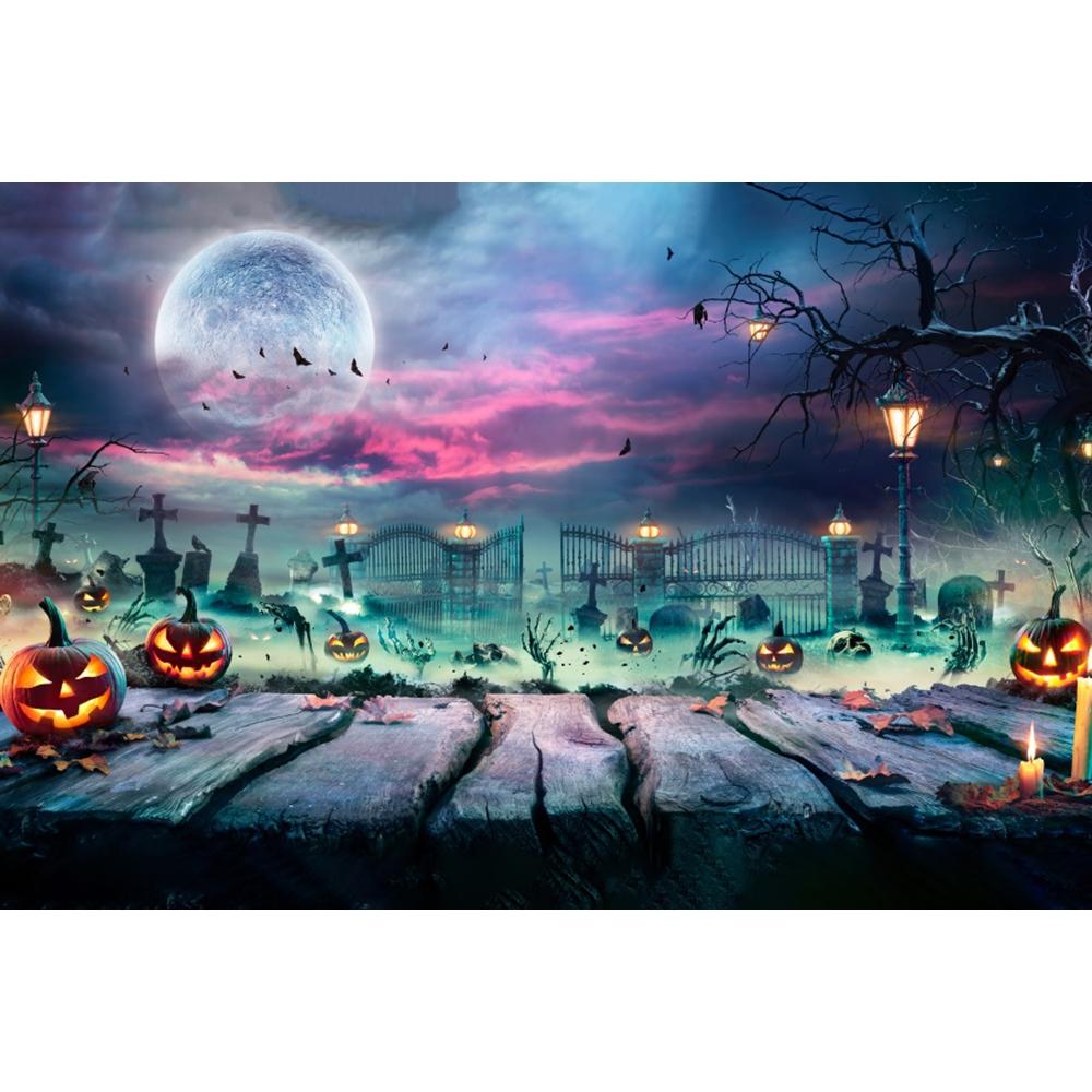 Halloween Decor Backgrounds for Photographs Horror Night Moon Wooden Board Pumpkins Lights Adults Kids Portrait Photo Backdrop
