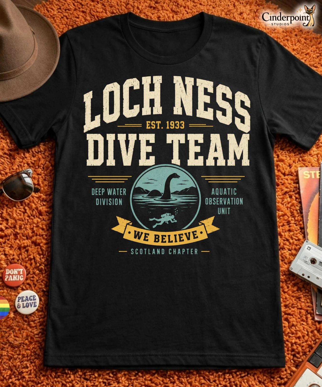 Loch Ness Dive Team T-Shirt Nessie Lake Monster Cryptid Funny Black Tee XS-5XL M