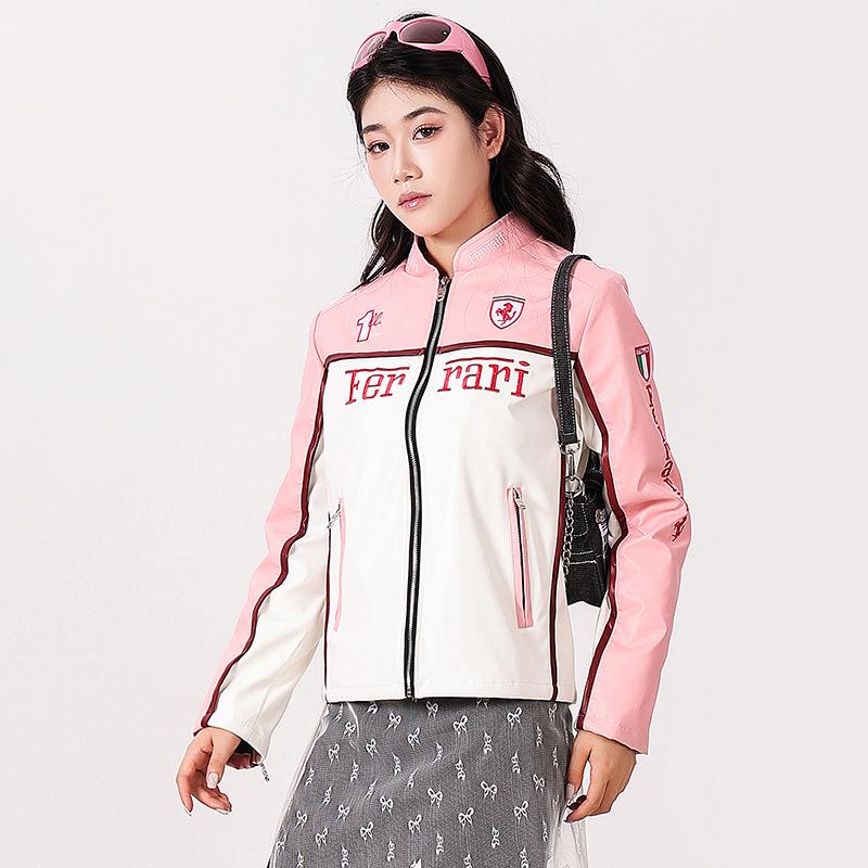 Women's Racing-Style PU Leather Motorcycle Jacket, Small Size - Trendy European and American Winter Outerwear