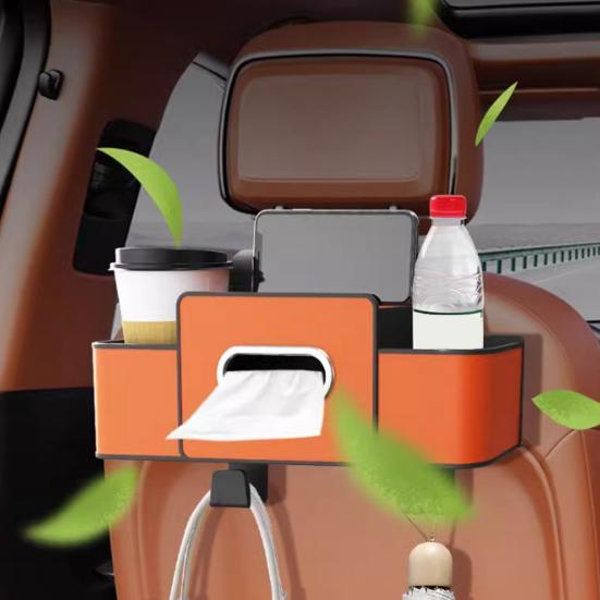 Multifunctional 3?in?1 Car Back Seat Storage Box Faux Leather Backseat Organizer with Tissue Dispenser Cup Holders Hooks for Drinks Phone Handbags