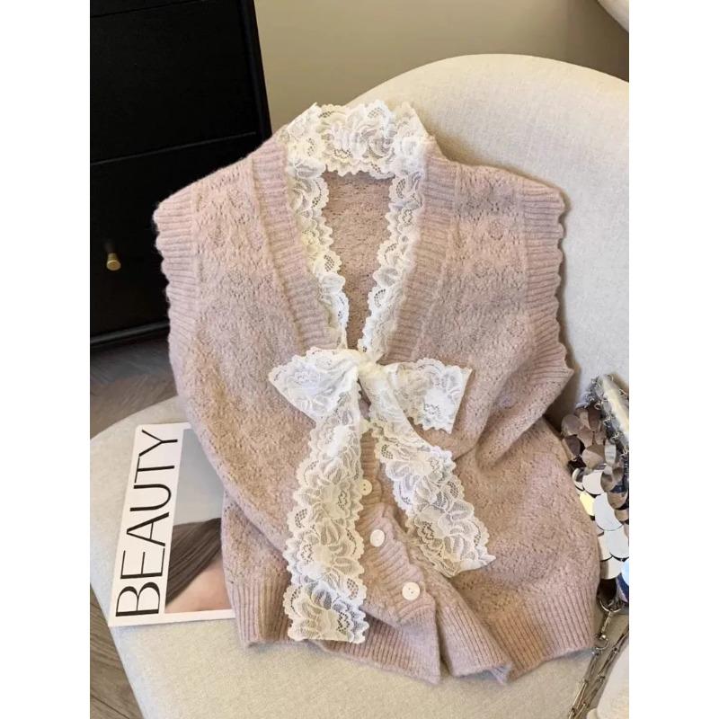 

Кружевной бант жилет свитер женский новый 2025 осень верхний слой многослойный жилет свитер XXXL