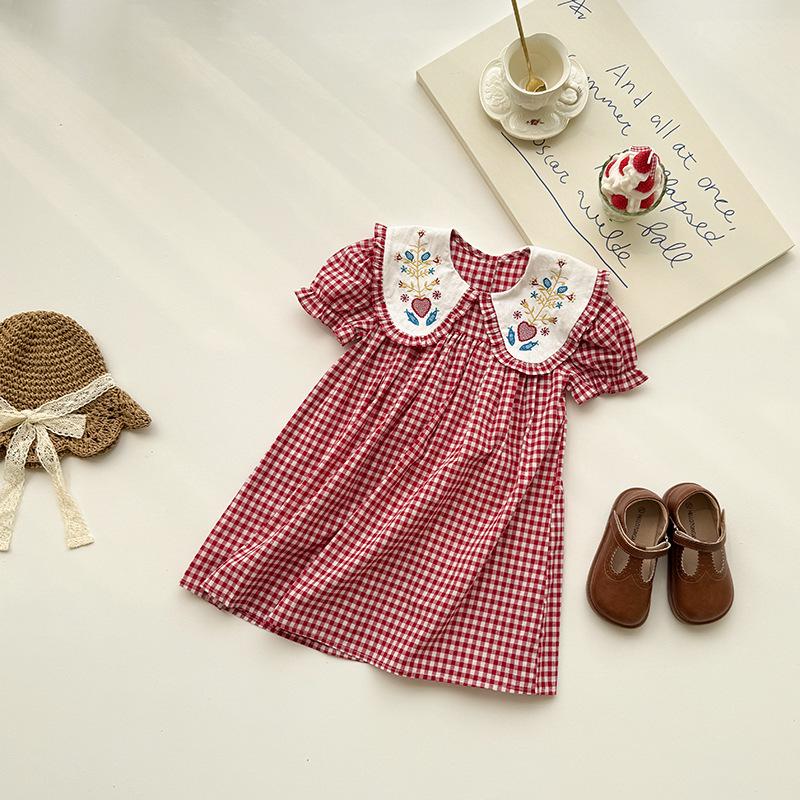French Doll Collar Floral Embroidery Girls' Dress, Red Plaid, Short Sleeve, Sweet Summer Style