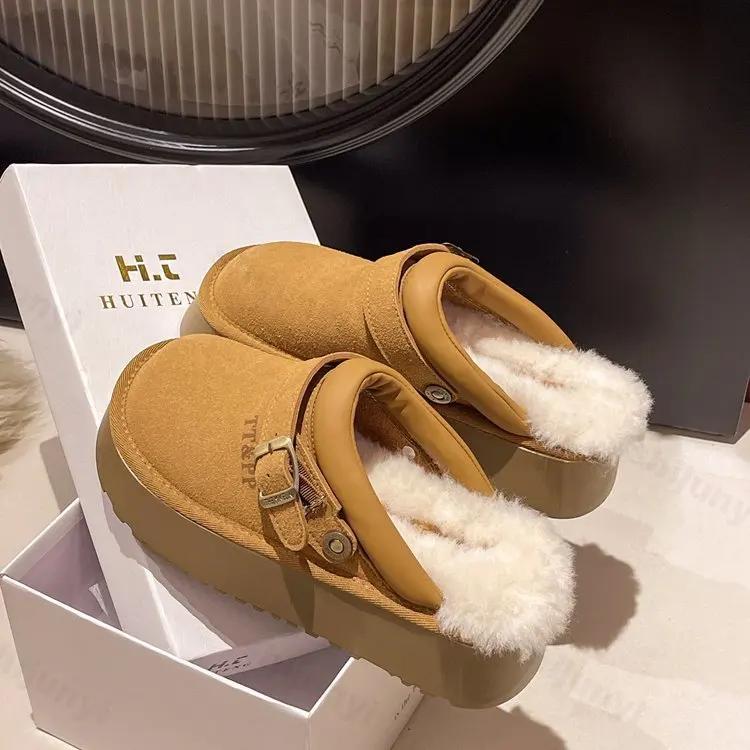 Fashion New Luxury Winter Women's Mules Slippers Plush Fashion Retro Bean Shoes Cotton Ladies Thick Sole Slippers Platform Woman Boots