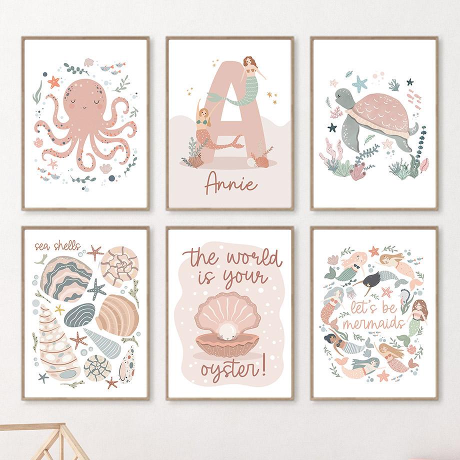 

Cartoon Sea Animals Whale Mermaid Custom Baby Name Posters Nursery Canvas Painting Wall Art Prints Picture Kids Girls Room Decor 21cm×30cm NoFrame
