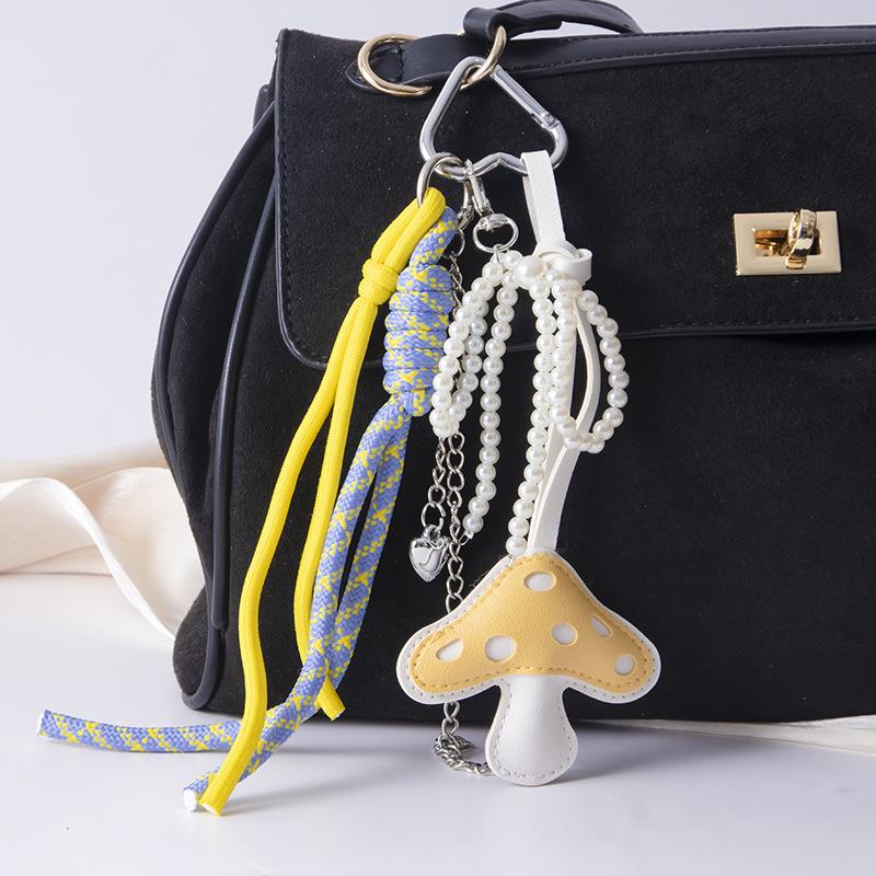 PU Leather Mushroom Decor Pendant Fashion Series Pearl Chain Student Backpack Woven Rope Decoration Accessories Bag Charm