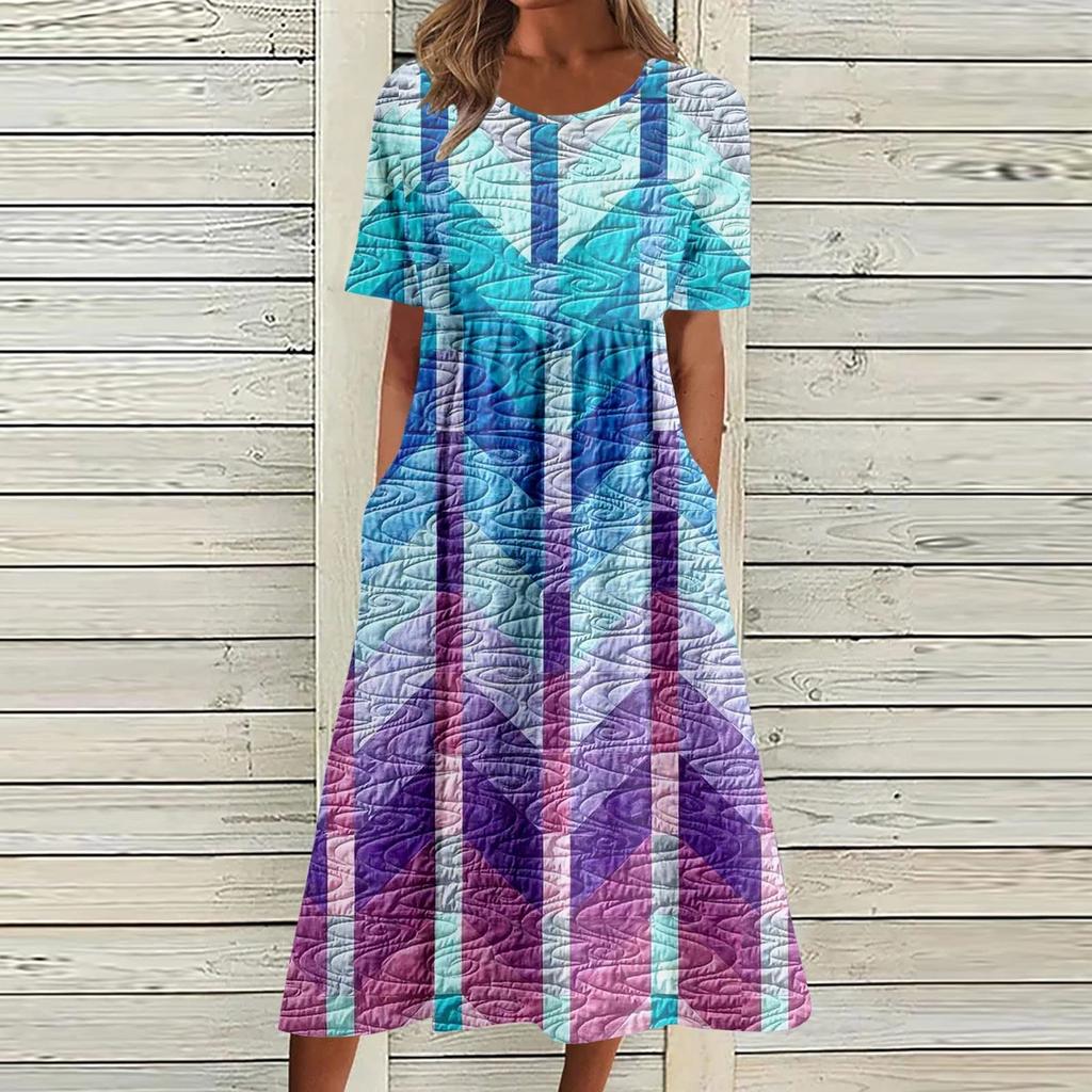 Kjoler Til Dameklær Lange Ballkjoler Boho Utskrift O-hals Kortermede kjoler med lomme