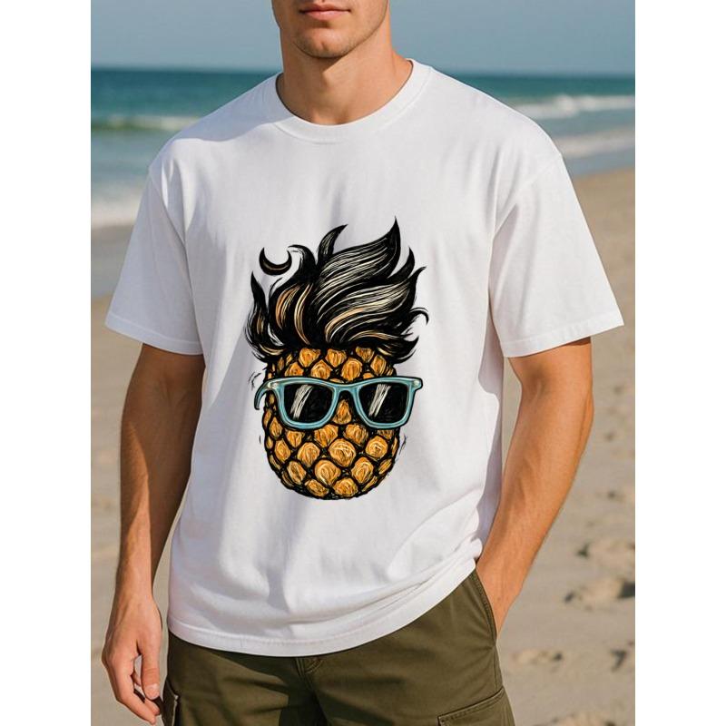 European Size Men's Hip-Hop Pineapple Print T-Shirt - Short Sleeve Casual Round Neck Breathable Medium-Stretch Fabric & Pineapple Slice Design