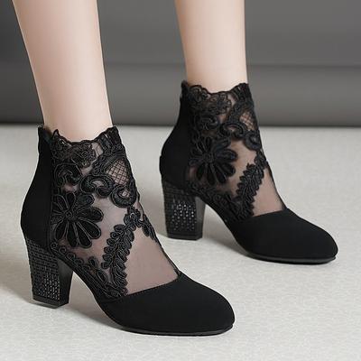 High Heel 7cm  Hollow Mesh Sandals for Women's New Size 43 Lace Mesh Thick Heeled Sandals for Women's High Heels and Large Mesh Sandals