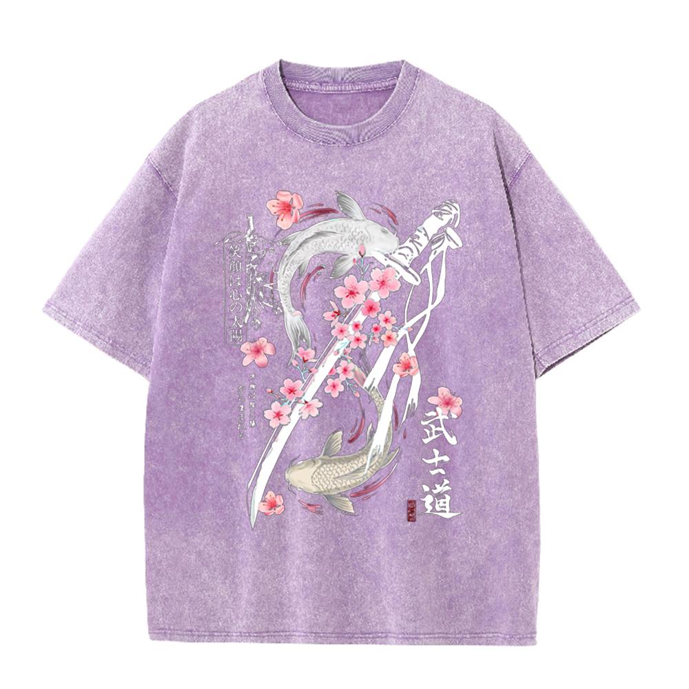 2026 Vintage Washed Black Japanese Koi Fish Samurai Sword Cherry Blossom Graphic T Shirt Bushido Kanji Retro Streetwear Oversize