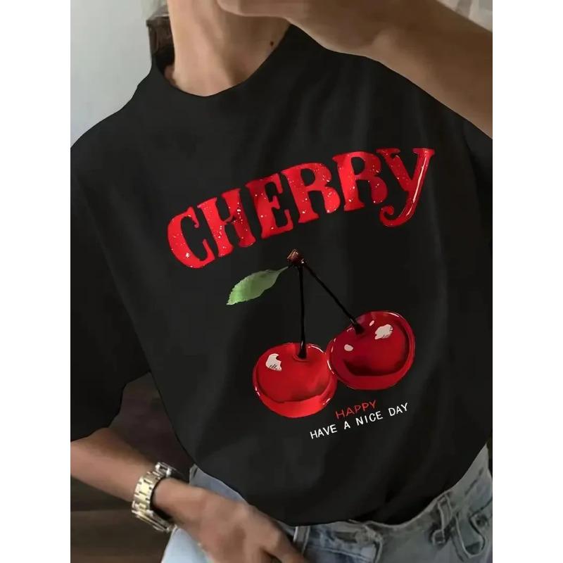 Summer Round Neck 3D Cherry Print Top Fashionable Casual Short Sleeved Women's T-shirts
