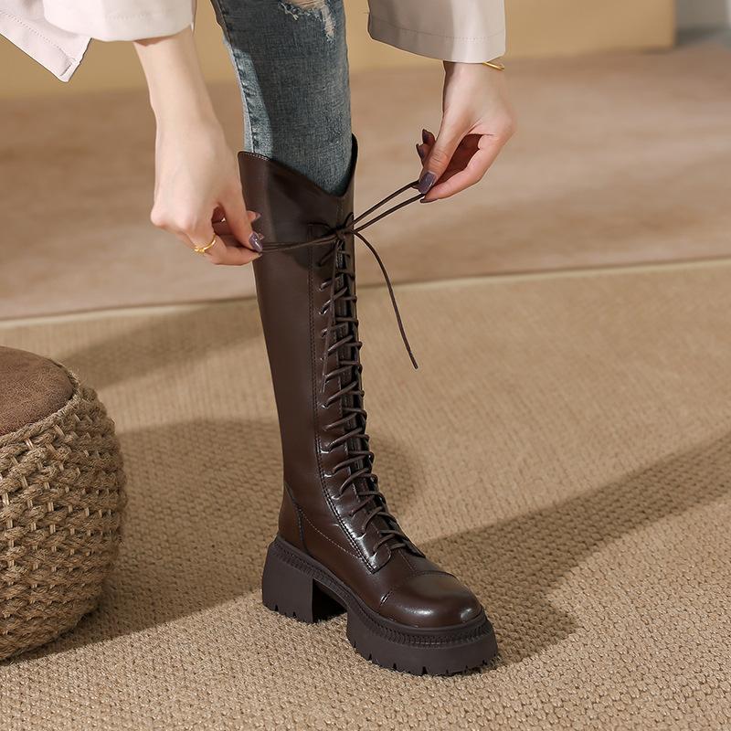 White boots women's winter new platform knight boots thick heel lace-up boots women's boots versatile women's shoes