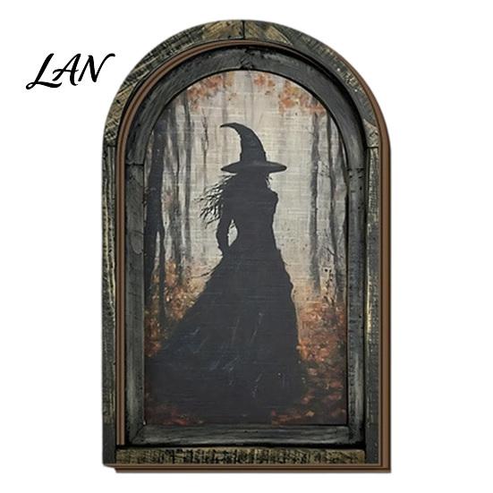 Vertical Wooden Sign Pendant Halloween Vintage Arch Sign, Gothic Spooky Ghost Wall Hanging Decor Dark Floral Print with Bracket, Rustic Aesthetic Home