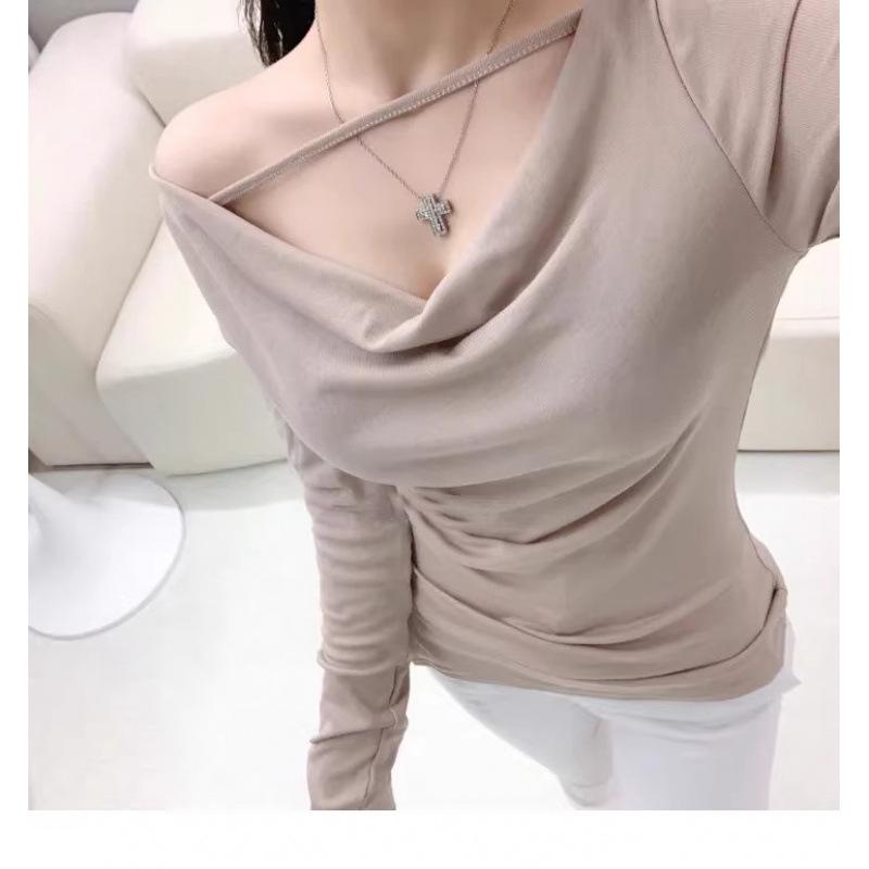 Korean Dongdaemun 2024 Women's Sexy One-Shoulder Slit Slim T-Shirt, Long-Sleeved & Feminine