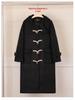 Women's Black Fleece-Lined Wool Coat with Horn Buttons - Korean Style, Petite, Mid-Length