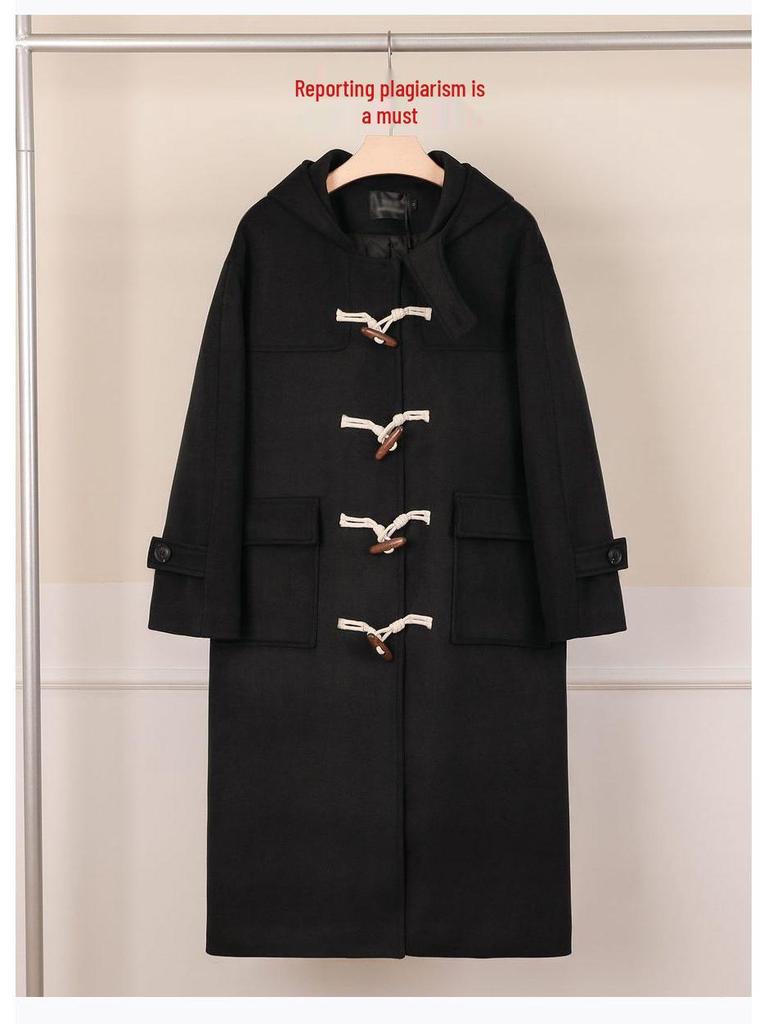 Women's Black Fleece-Lined Wool Coat with Horn Buttons - Korean Style, Petite, Mid-Length