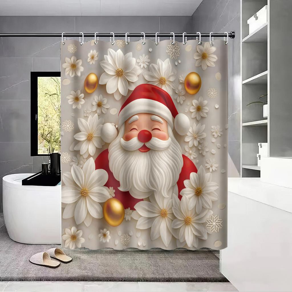 1pc Santa Claus Printed Waterproof Shower Curtain Bathe Partition Curtain with 12 Hooks for Privacy Protection Easy Installation